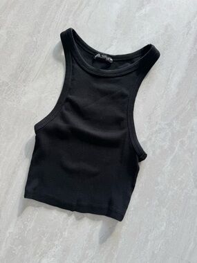 ZARA Black Ribbed Racer Crop Tank